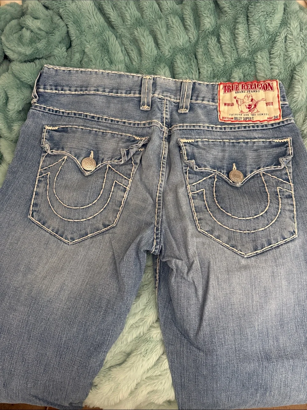 True Religion Light Blue Relaxed Jeans with Contrast Stitching